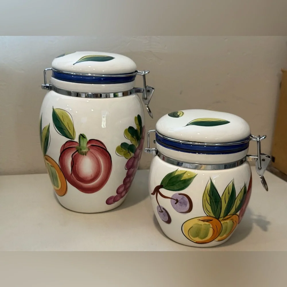 Set Of 2 Tuscano Orchard Hand Painted Kitchen Canisters Fruit Decor Locking‎ Lid